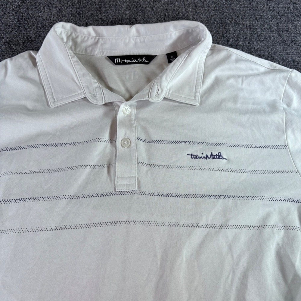Travis Mathew Polo Shirt Mens XL White Lilac Striped Pima Cotton Blend Golf Top